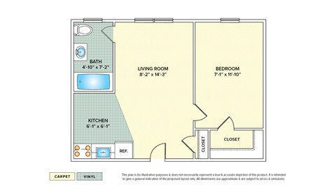 Floor plan for 1 bed, 1 bath, 297 sqft